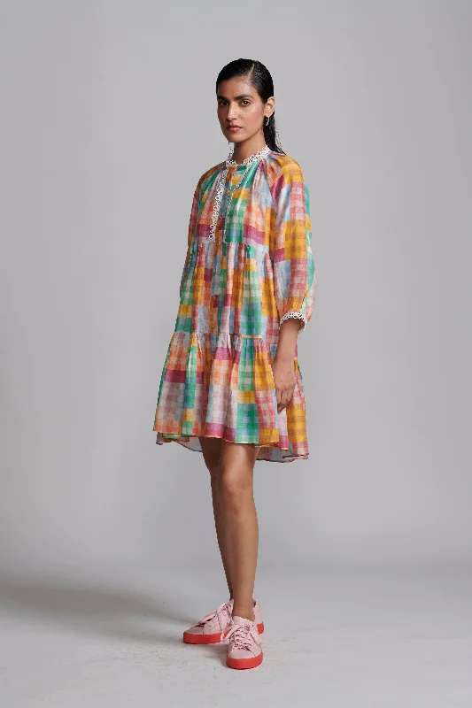 Multicolour Check Tiered Mini Dress