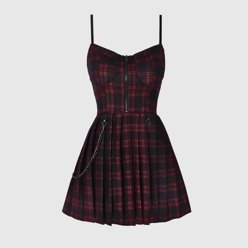 Plaid Chain Zipper Pleated Slip Mini Dress