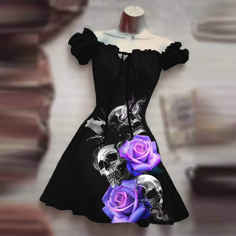 Skull Rose Print Puff Sleeve Mini Dress