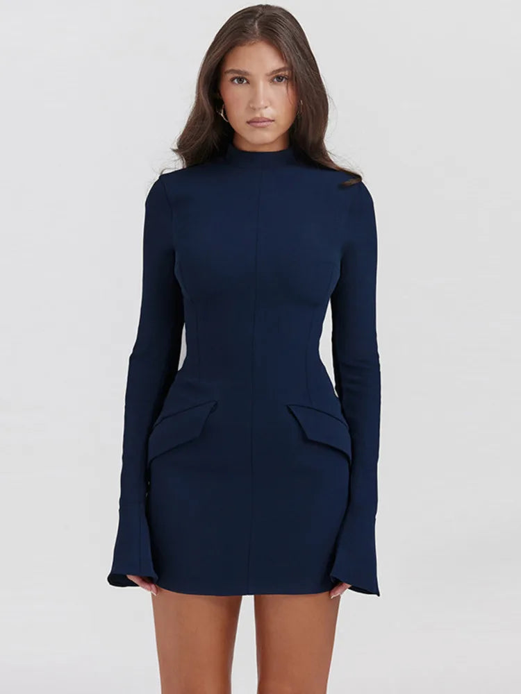 Sleek Dark Blue Pocketed Bodycon Mini Dress