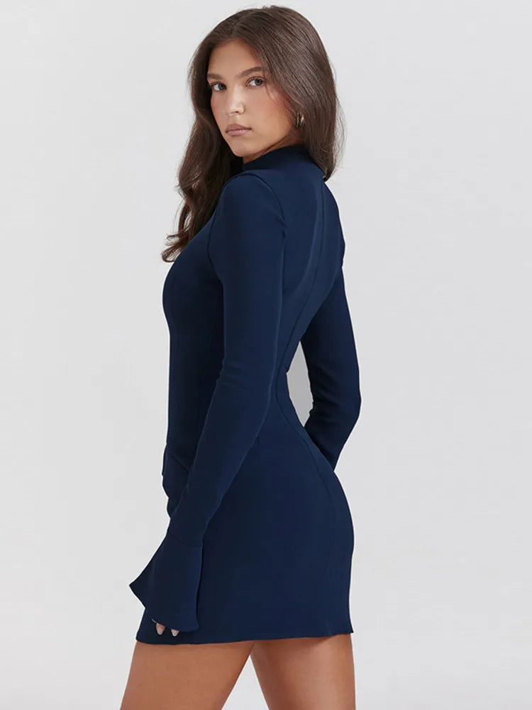 Sleek Dark Blue Pocketed Bodycon Mini Dress