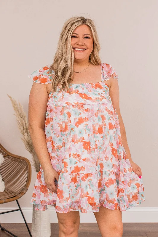 Uplifting Confidence Babydoll Mini Dress- Coral & Green