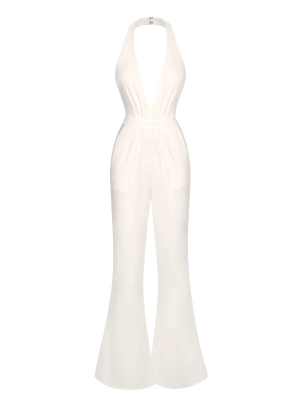 1930s Solid Deep V-Neck Halter Jumpsuit