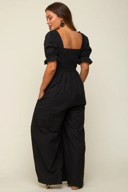 Black Smocked Square Neck Wide Leg Maternity Jumpsuit