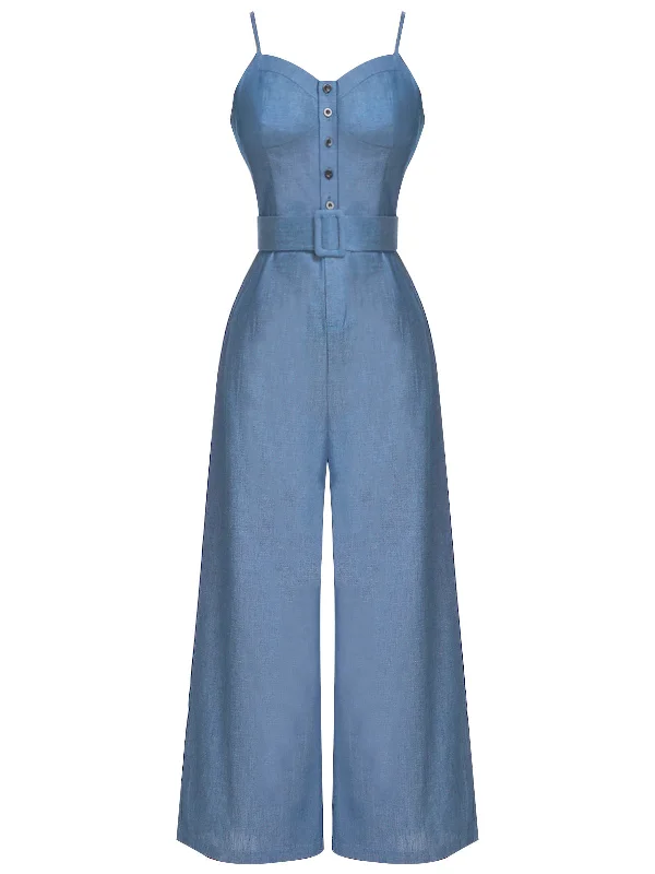 Blue 1930s Cowboy Solid Strap Jumpsuit