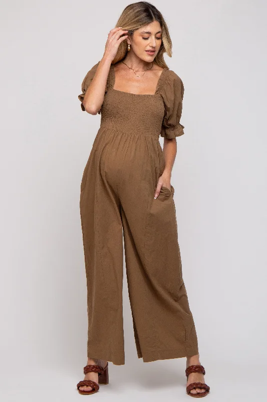 Brown Smocked Square Neck Wide Leg Maternity Jumpsuit