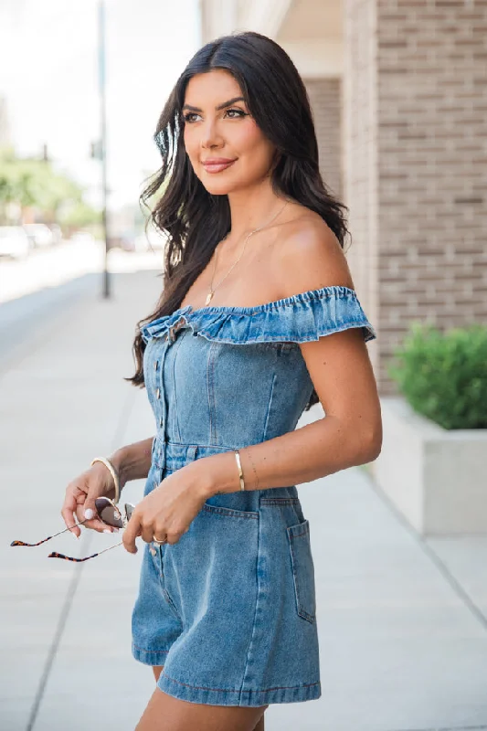 Hello Lovely Off The Shoulder Denim Romper