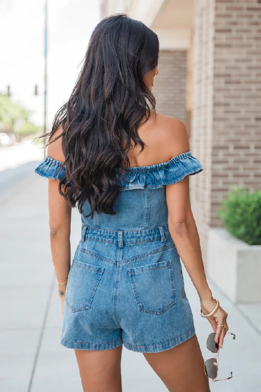 Hello Lovely Off The Shoulder Denim Romper