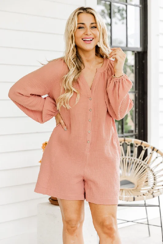 Love Your Destiny Terracotta Long Sleeve Button Up Romper FINAL SALE