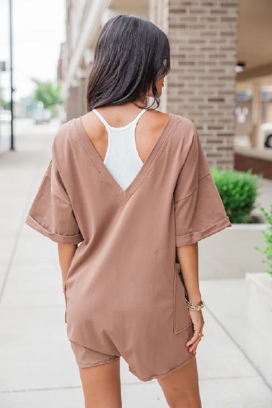 On A Daily Basis Brown Deep V-Neck Pocketed Romper