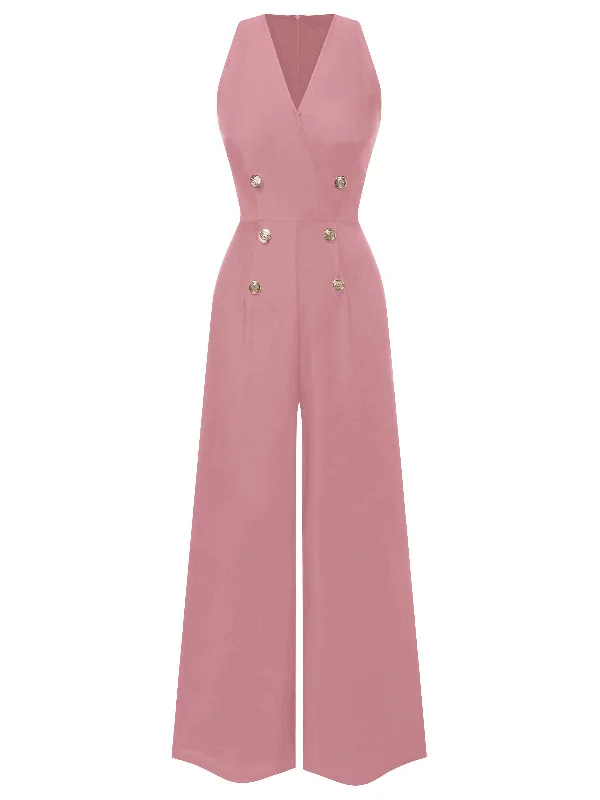 Pink 1950s Sleeveless Buttoned Solid Jumpsuit