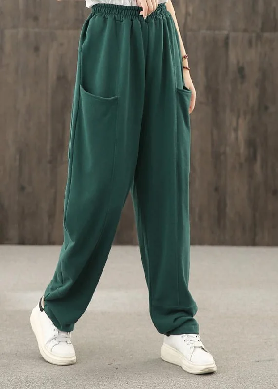 2024 autumn big pocket elastic waist green casual pants