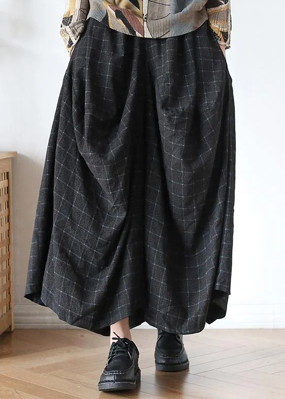 20242024 Fall  retro mid-length loose black plaid A-line irregular wide-leg pants