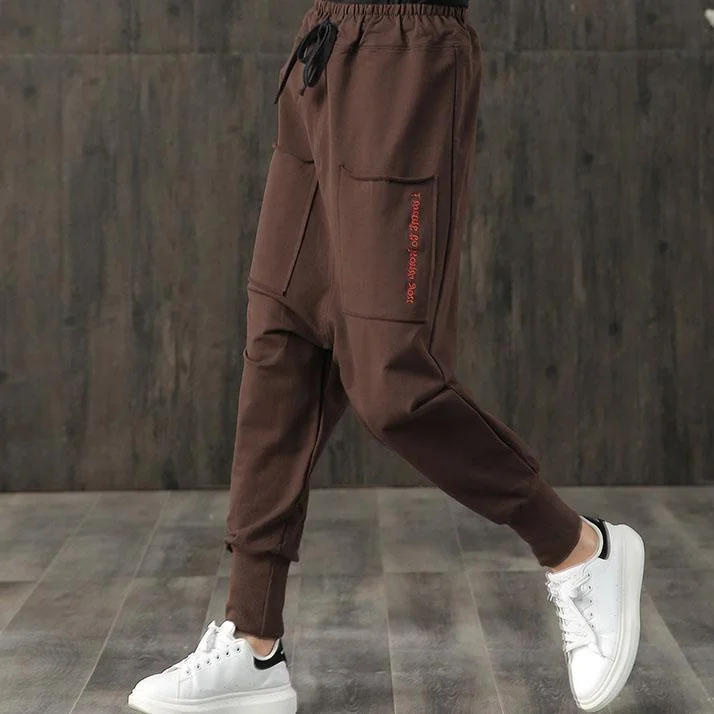 brown casual women pants loose elastic waist beam pants