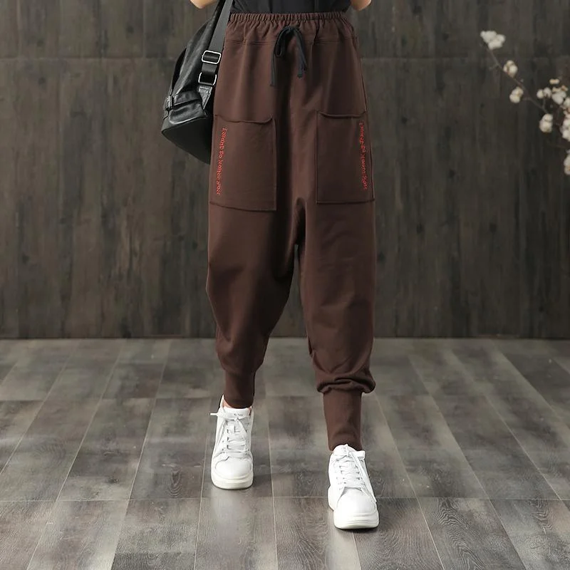 brown casual women pants loose elastic waist beam pants