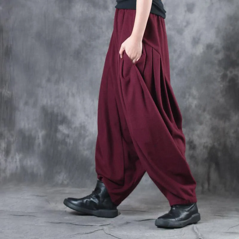 burgundy casual cotton crop pants plus size elastic waist wide leg pants