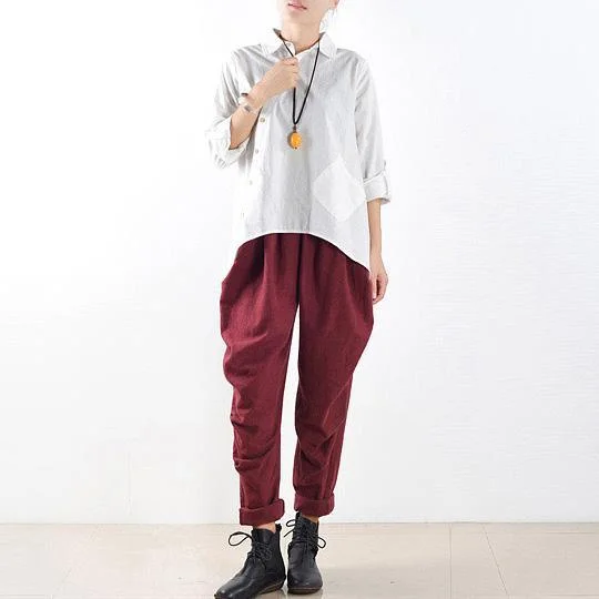 burgundy casual linen pants plus size wrinkled harem pants