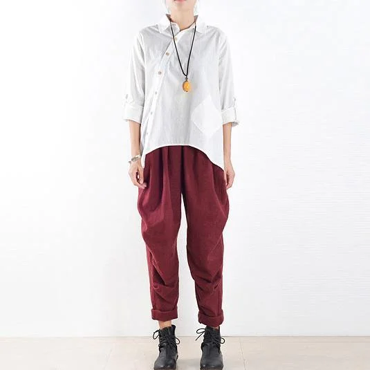 burgundy casual linen pants plus size wrinkled harem pants