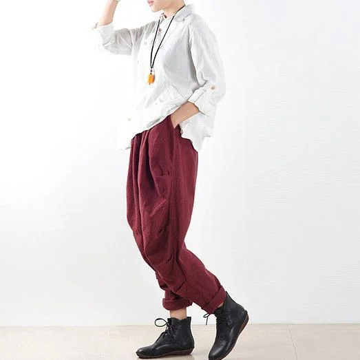 burgundy casual linen pants plus size wrinkled harem pants