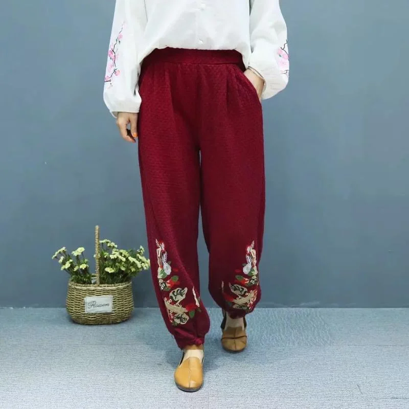 burgundy exquisite embroidery trousers buckle solid color lantern pants