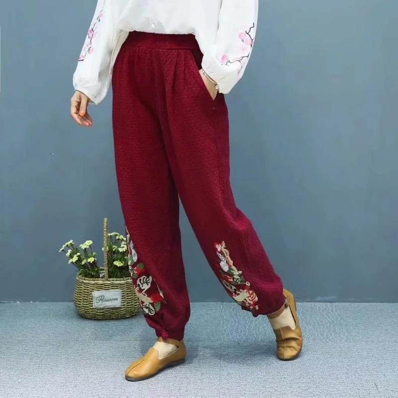 burgundy exquisite embroidery trousers buckle solid color lantern pants