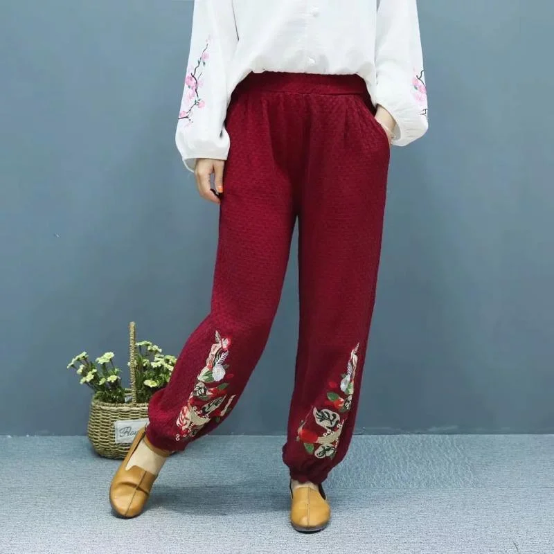 burgundy exquisite embroidery trousers buckle solid color lantern pants