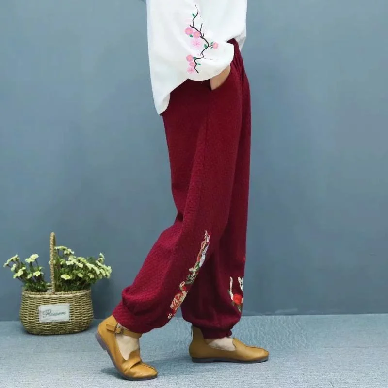 burgundy exquisite embroidery trousers buckle solid color lantern pants