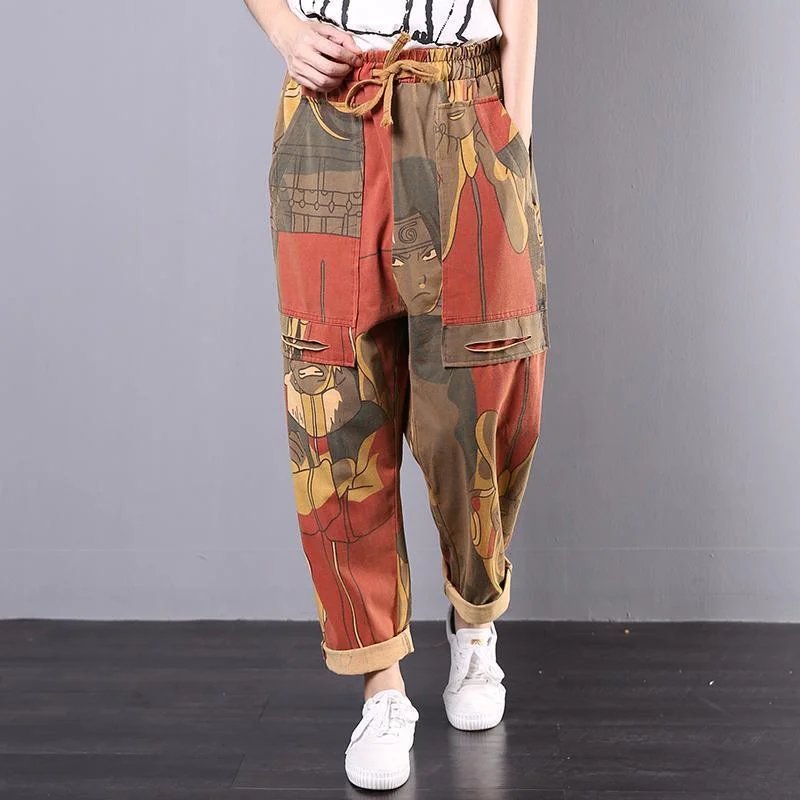 Cartoon print fall plus size cotton crop pants women casual casual pants