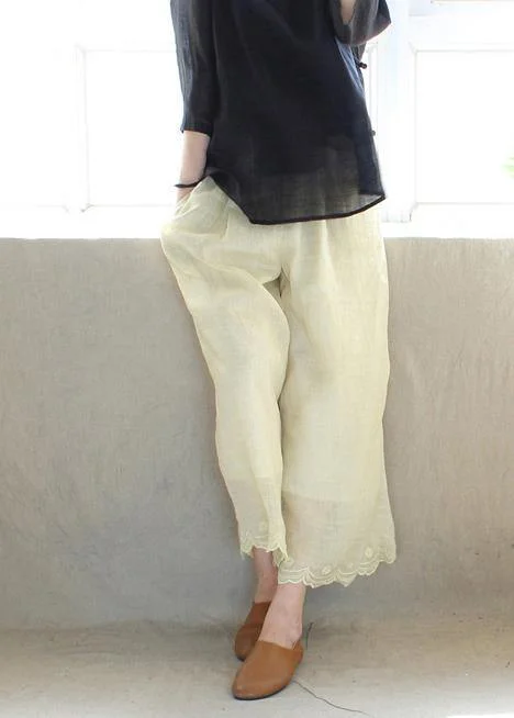 Chic Light Yellow Embroidery Trousers Thin Summer Elastic Waist Wardrobes Casual Pants