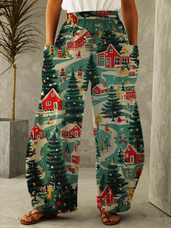 Christmas Tree Snow Scene Vintage Print Loose Trousers