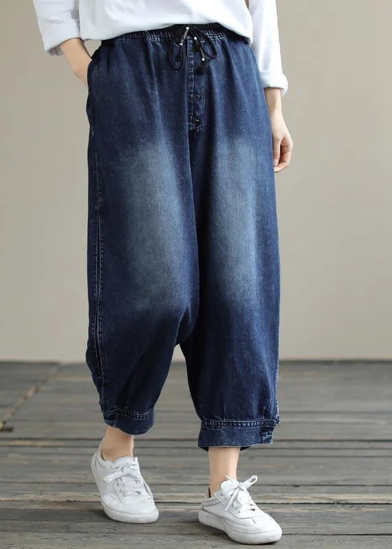 French Denim Blue Pants Plus Size Spring Elastic Waist Pockets Inspiration Women Pants