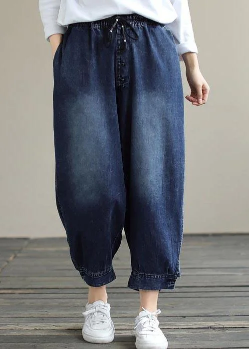 French Denim Blue Pants Plus Size Spring Elastic Waist Pockets Inspiration Women Pants