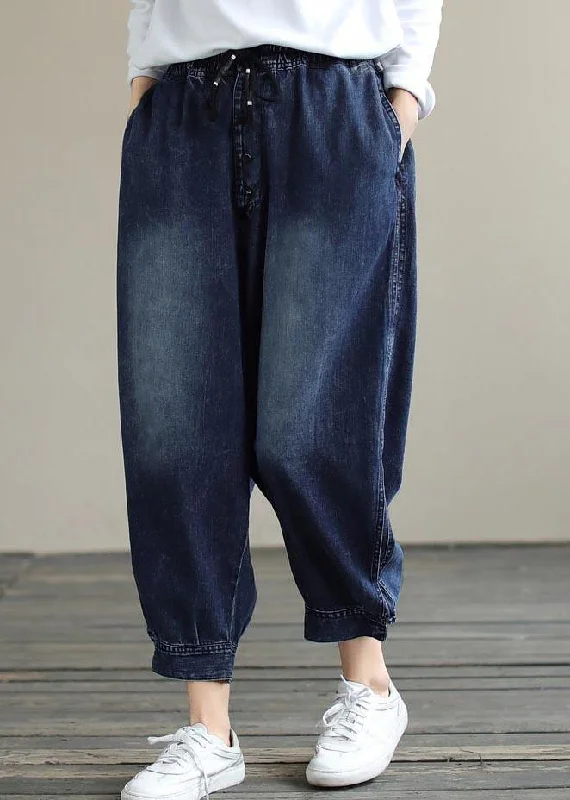 French Denim Blue Pants Plus Size Spring Elastic Waist Pockets Inspiration Women Pants