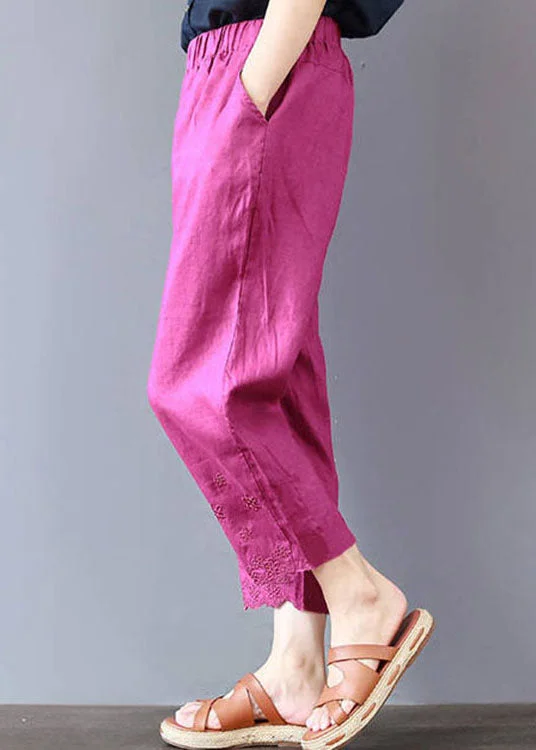 Italian Rose Embroideried Pockets Linen Pants Spring