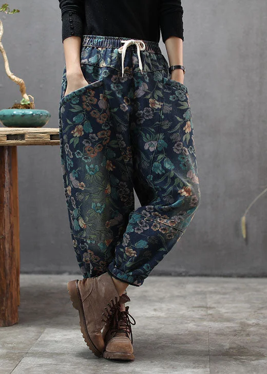 Natural Blue Cinched Print denim Pants Winter