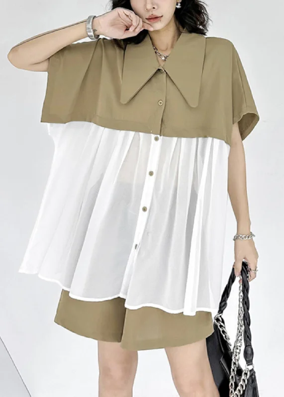 New Khaki Peter Pan Collar Wrinkled Chiffon Patchwork Tops And Shorts Two Pieces Set Summer