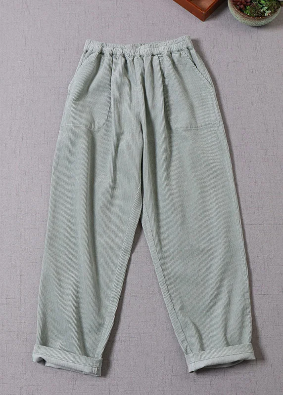 Women Light Green Pockets Corduroy Pants Winter