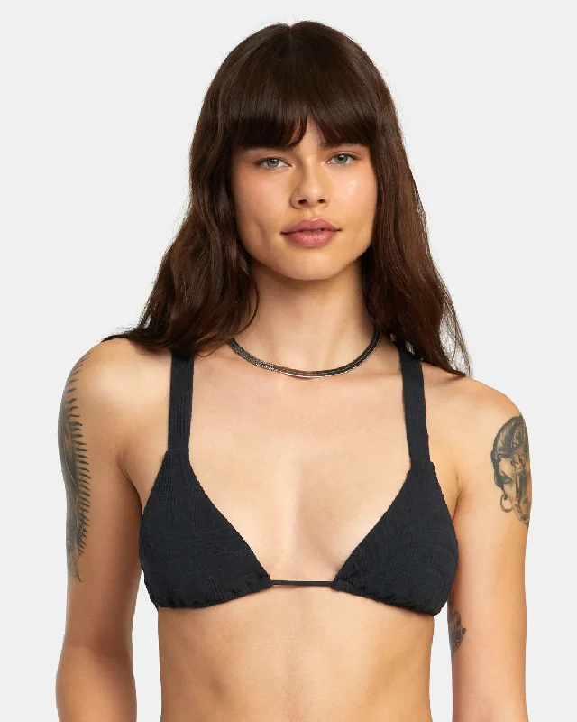 Palm Grooves Wide Strap Triangle Bikini Top - Black